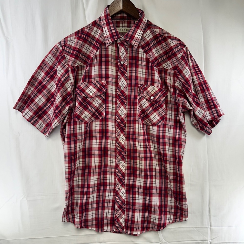 Roper Western‎ Snap Shirt Mens L Red White Plaid Short Sleeve Pearl Snap Yoke